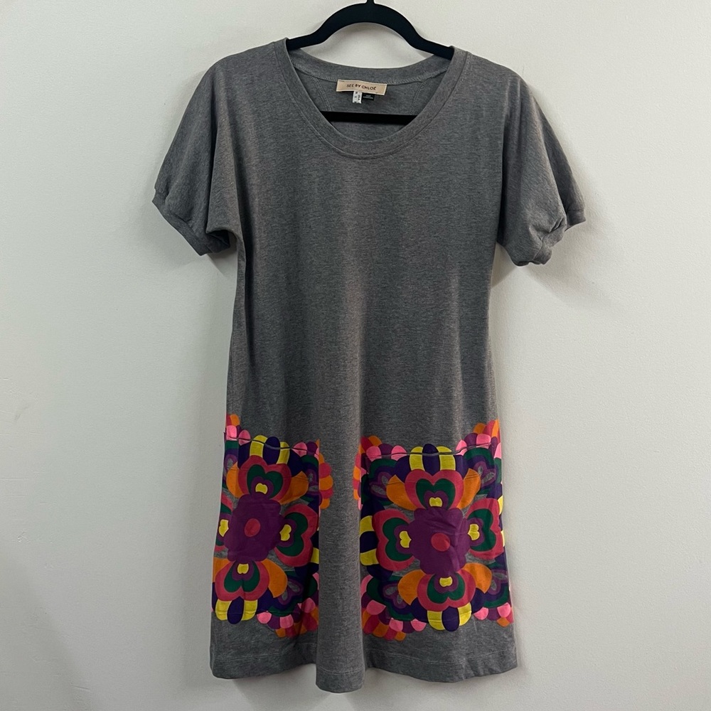 See By Chloé Gray Mini Dress with Multicolor Floral Panels